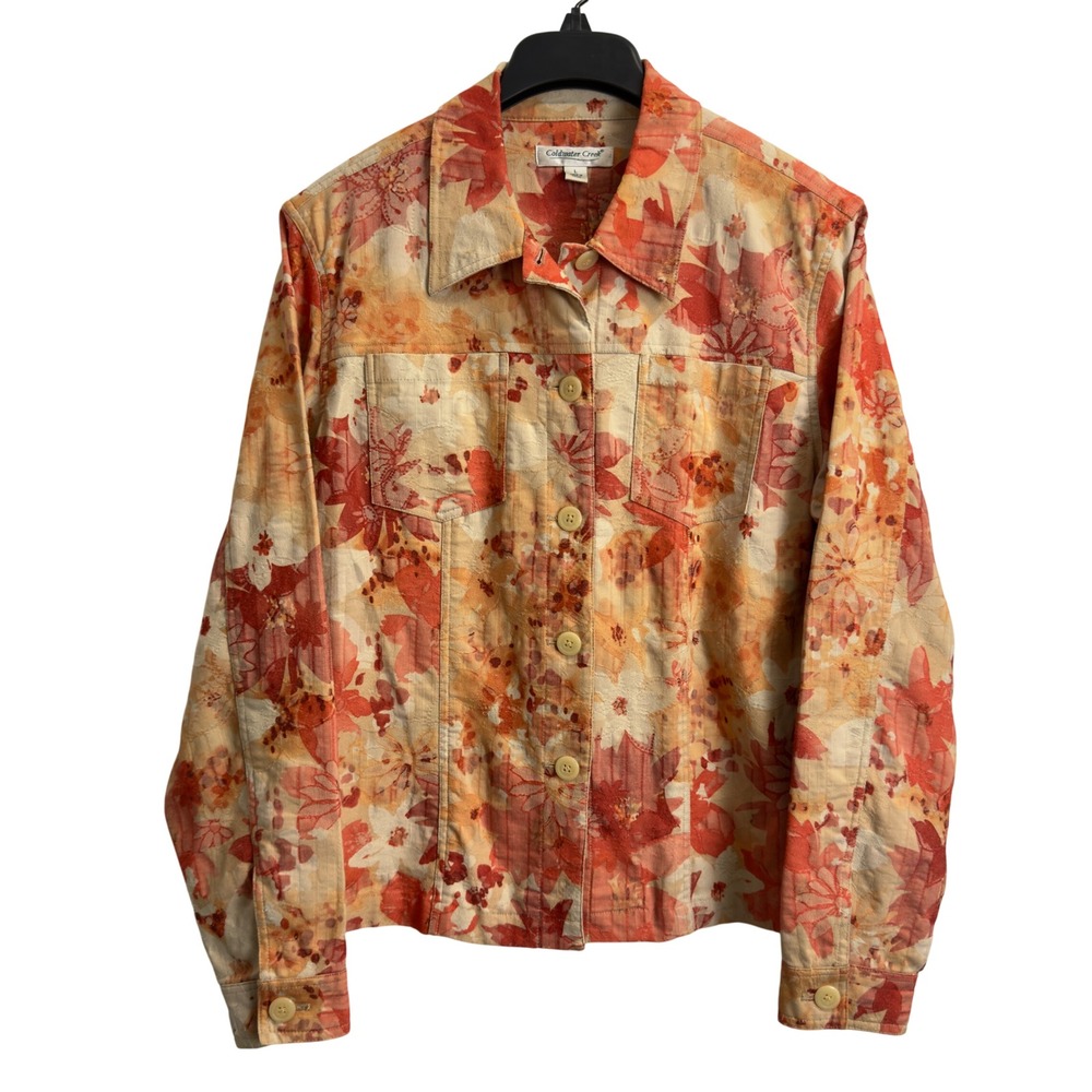 Coldwater Creek Women Orange Floral Button Front Textured Jacket Large Stretch